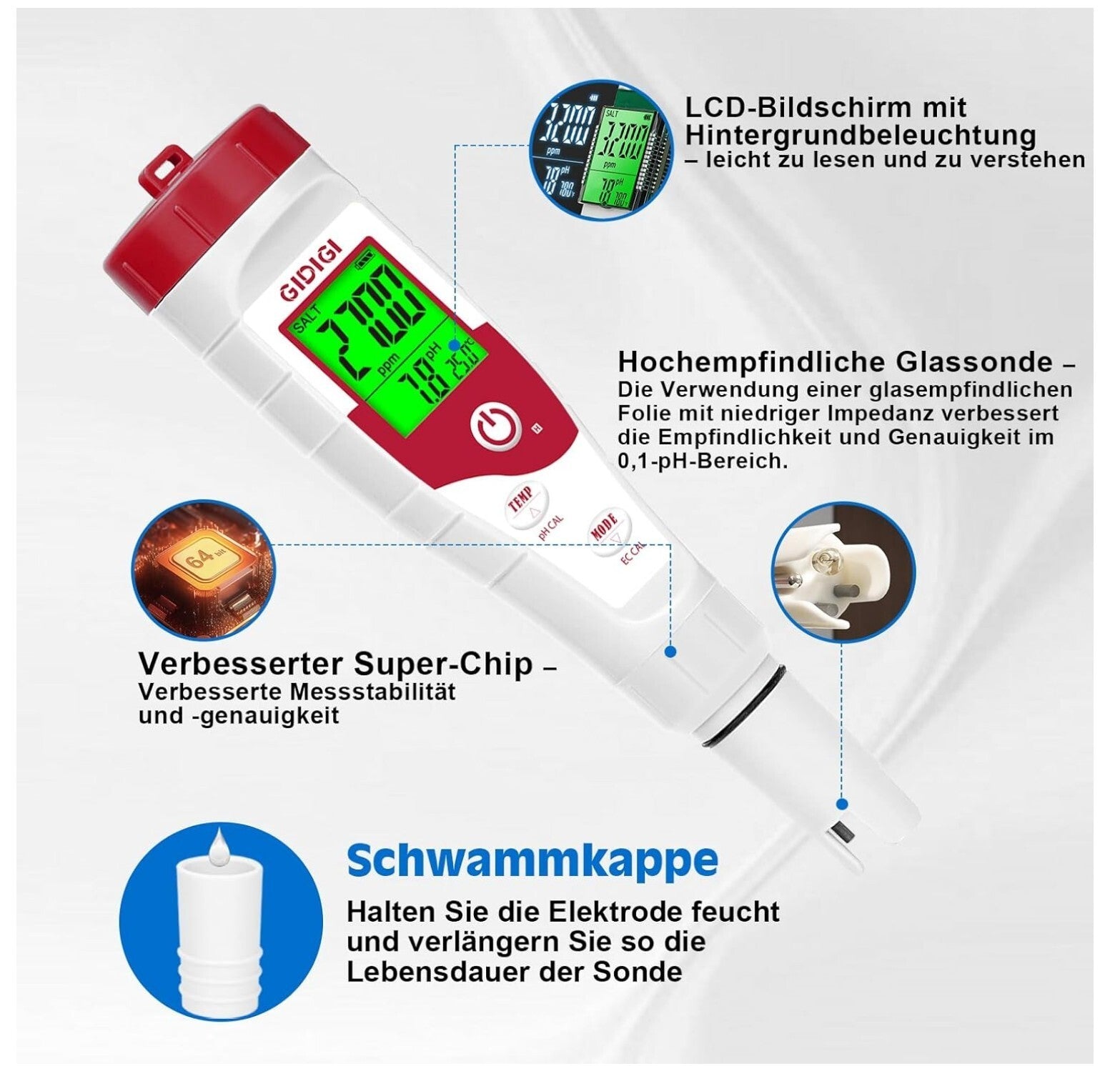 5-in-1 pH Salzmessgerät Pool TDS EC Tester Wasserdicht