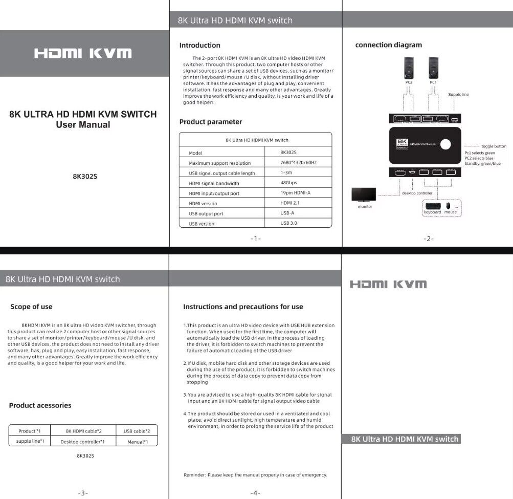 8K @ 60 Hz - 4K@120 Hz KVM Switch 2 Port HDMI USB 3.0 Schwarz + Verbindungskabel