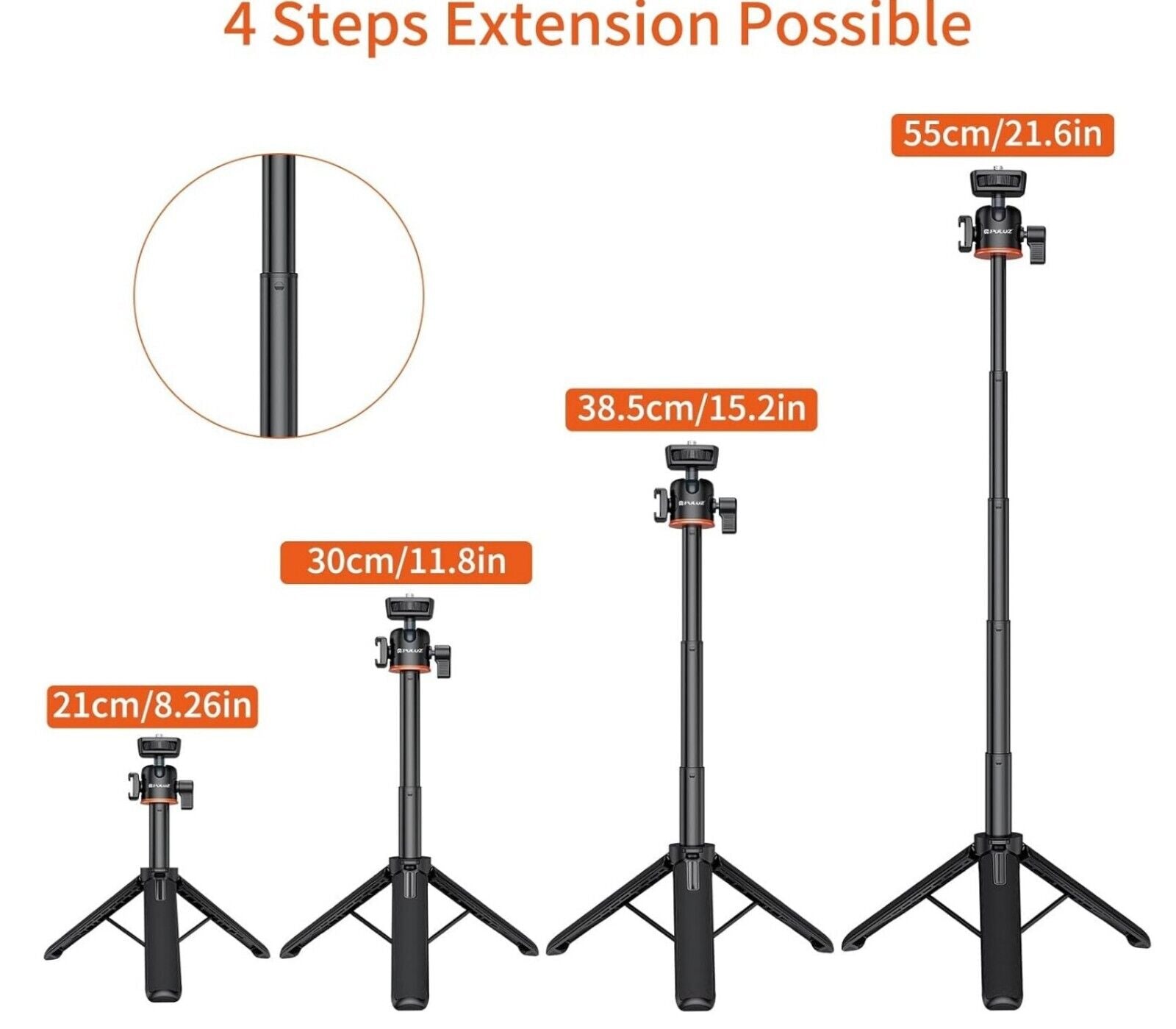 Mini Selfie-Stick Stativ 55cm, Kugelkopf, Kaltschuh bis 55 cm Länge
