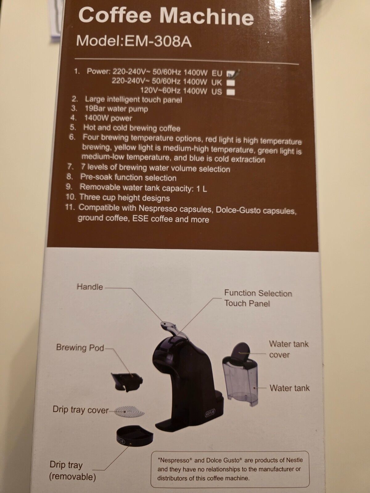 5-in-1 EM-308A, 4 Temperaturen 7 Wasserstufen, kompatibel mit vielen Kapselarten