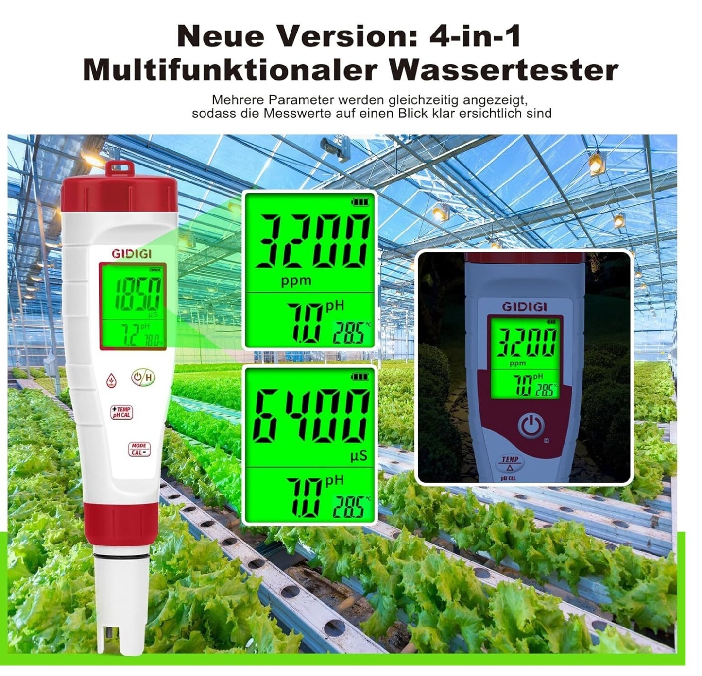 4-in-1 pH TDS EC Messgerät Wasser Tester LCD Hintergrundbeleuchtung