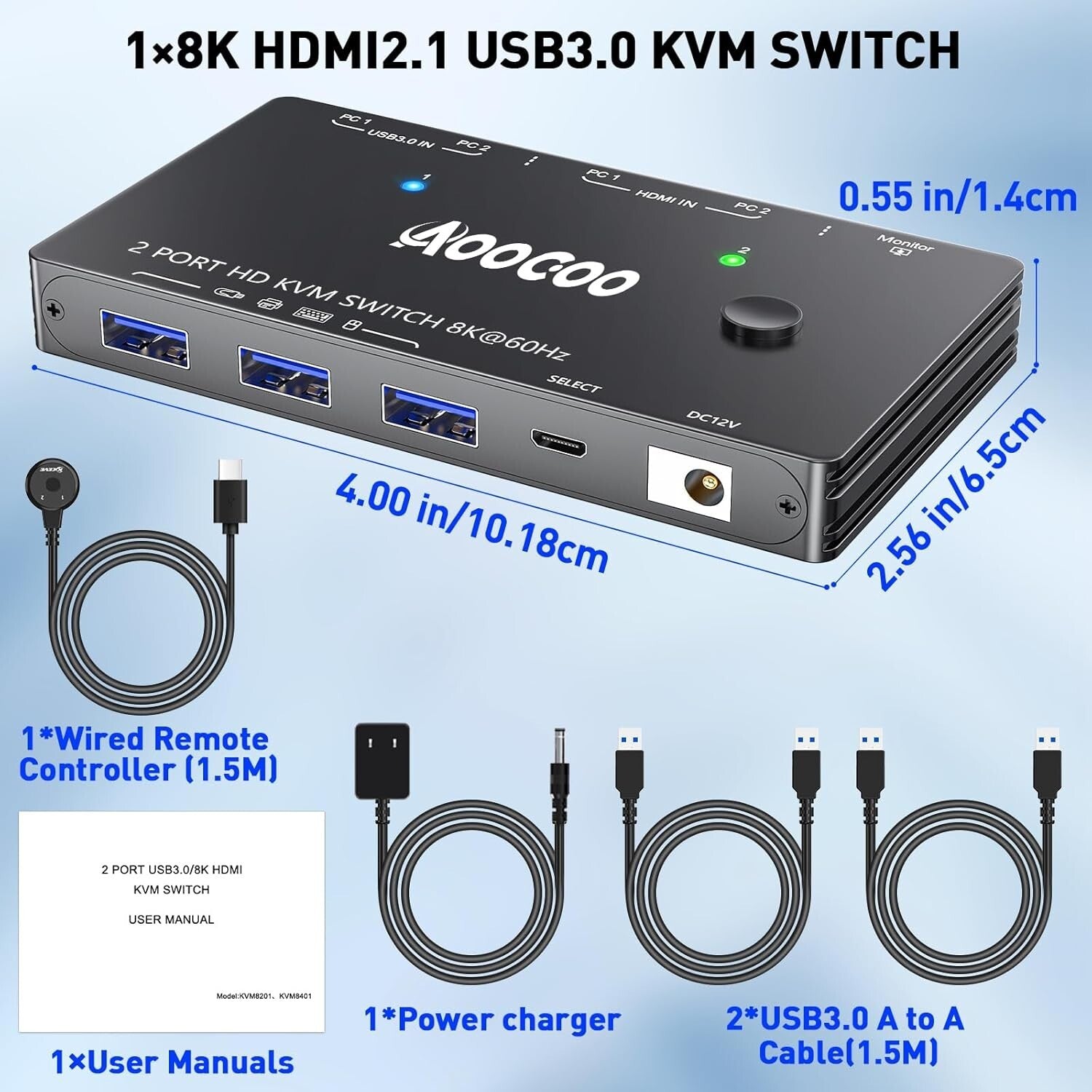HDMI 2.1 KVM Switch 8K@60Hz USB 3.0 für 2 PC 1 Monitor mit Kabelfernbedienung