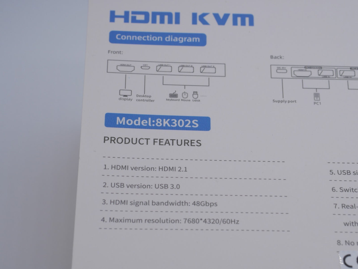 8K@60 Hz 4K@120 Hz KVM Switch 2 Port HDMI 2.1 USB 3.0 2 PCs an 1 Monitor + Kabel