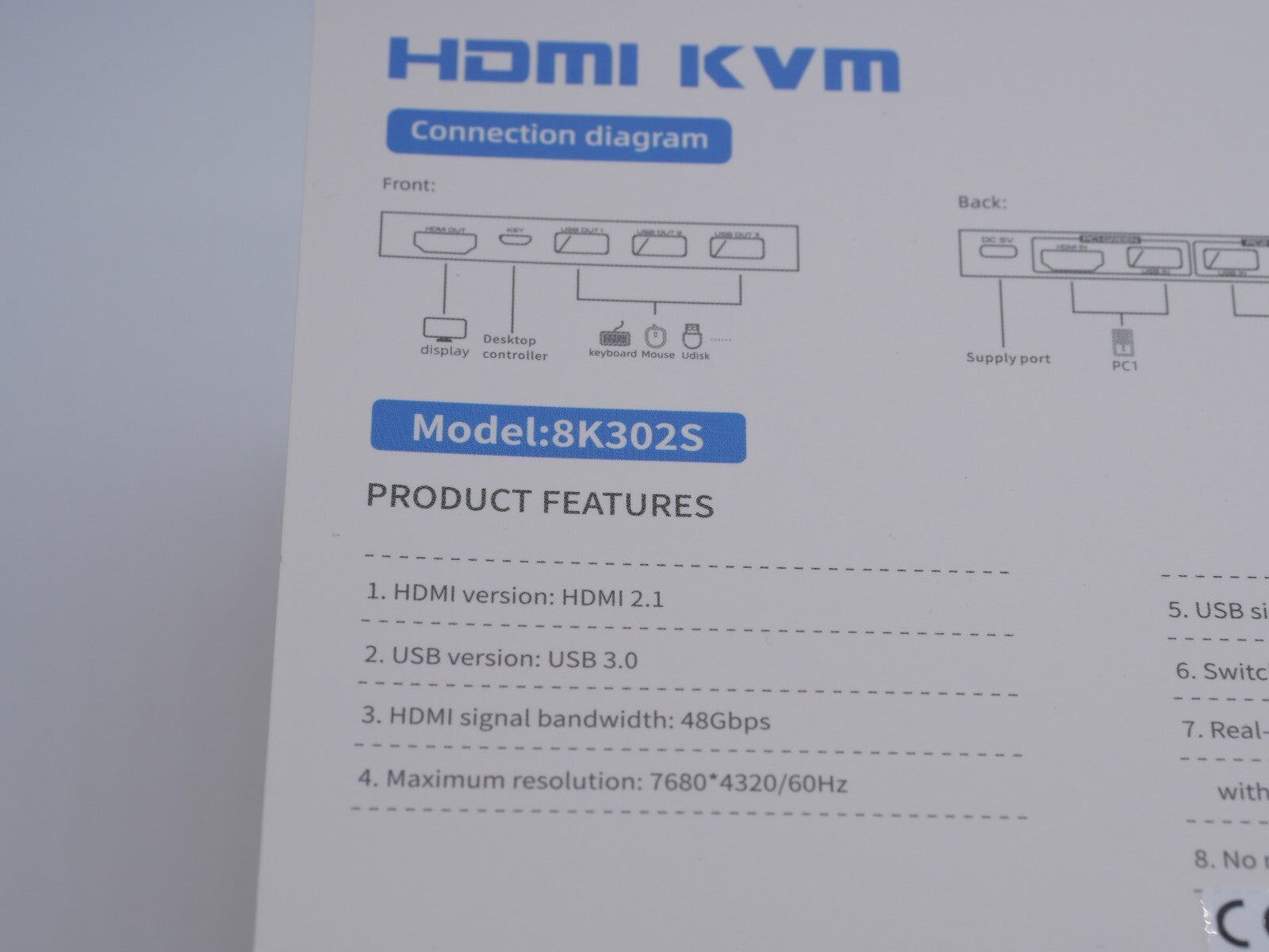 8K@60 Hz 4K@120 Hz KVM Switch 2 Port HDMI 2.1 USB 3.0 2 PCs an 1 Monitor + Kabel