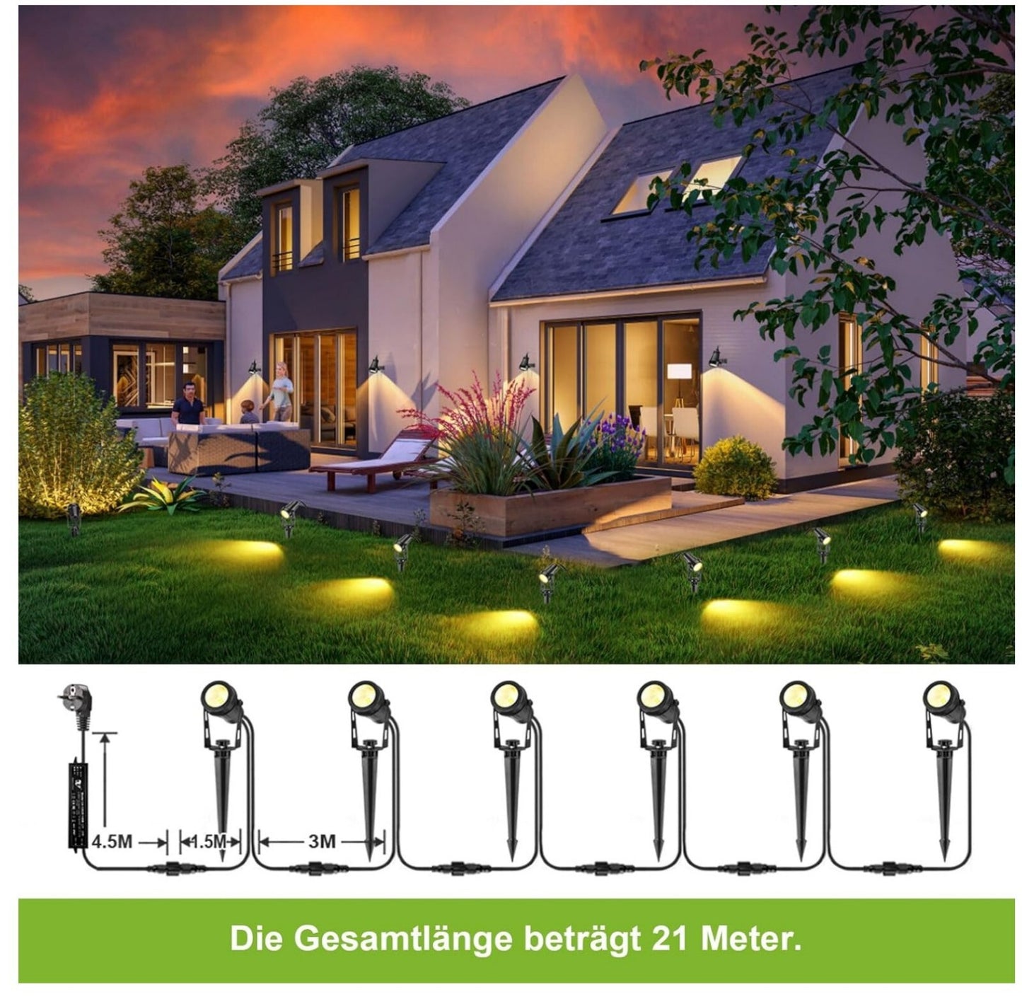 Set LED Gartenstrahler IP65 Warmweiß 21m Kabel Erdspieß 18W
