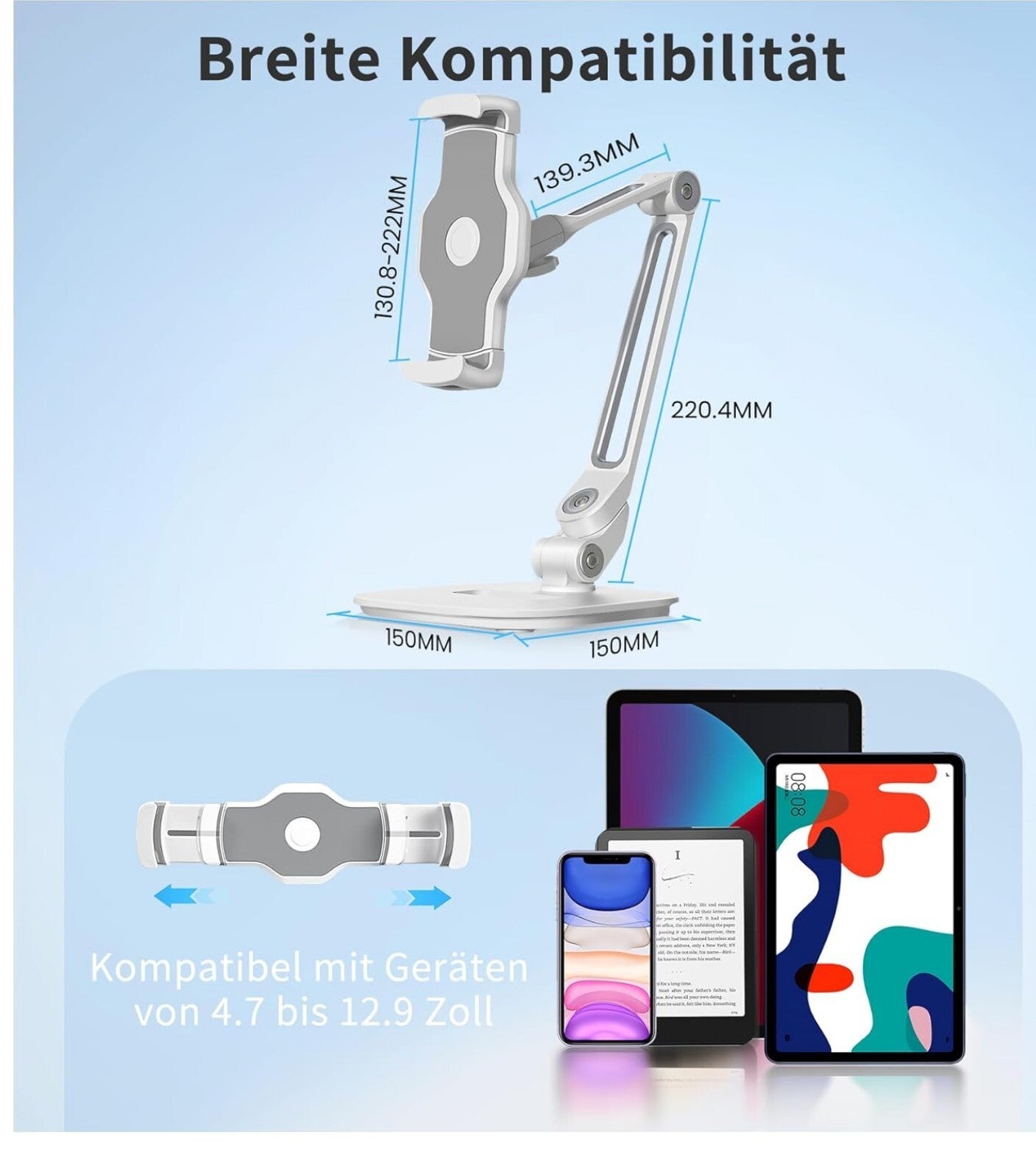 Tablet Halterung 4,7-12,9 Zoll Aluminium Verstellbar Weiß