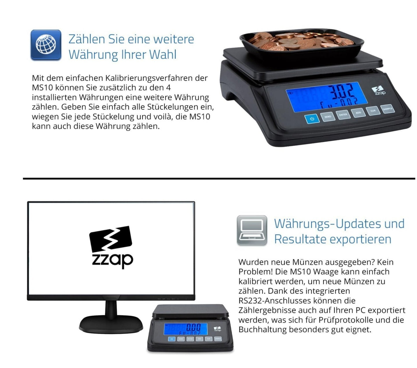 Münzzählwaage 3kg 5 Währungen Batterie/Netz USB-Export