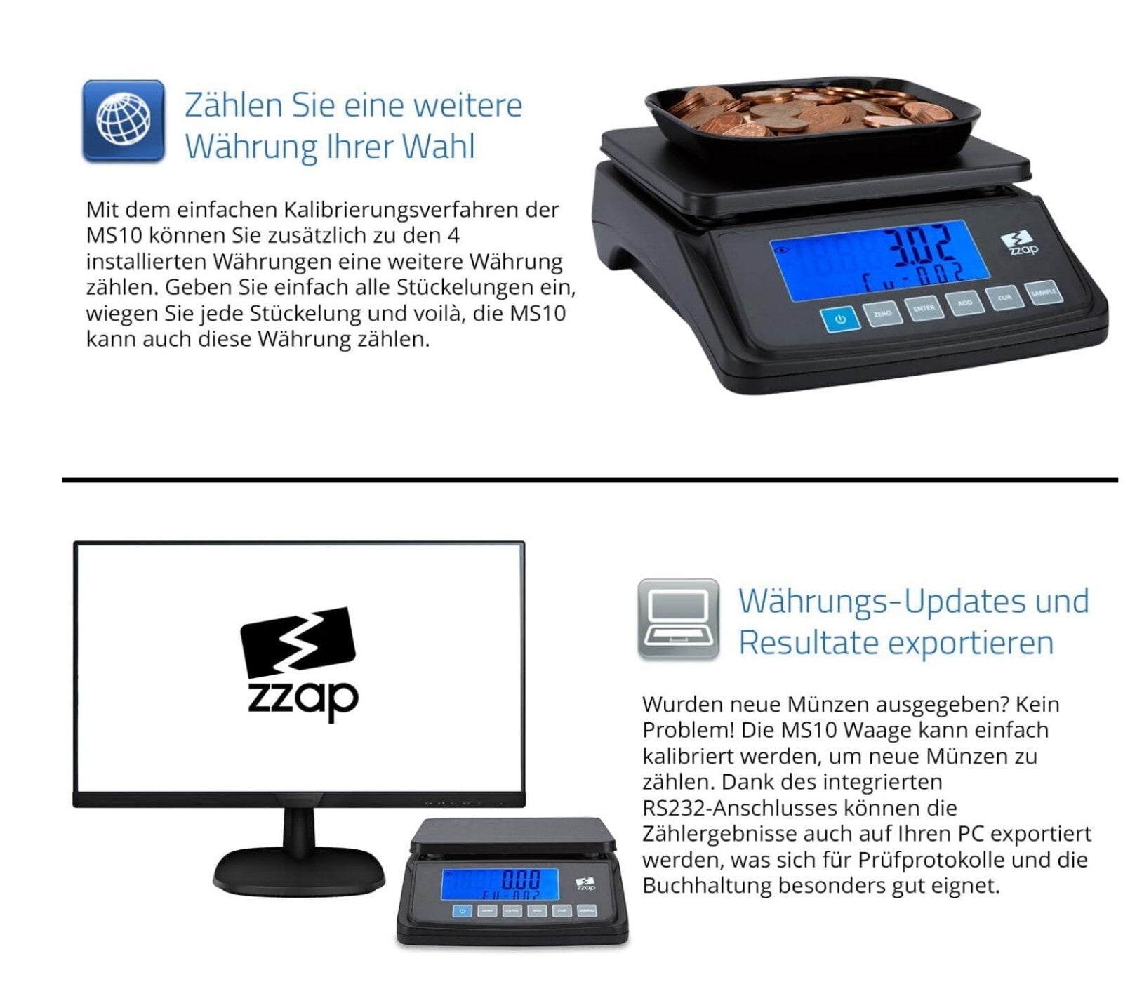 Münzzählwaage 3kg 5 Währungen Batterie/Netz USB-Export