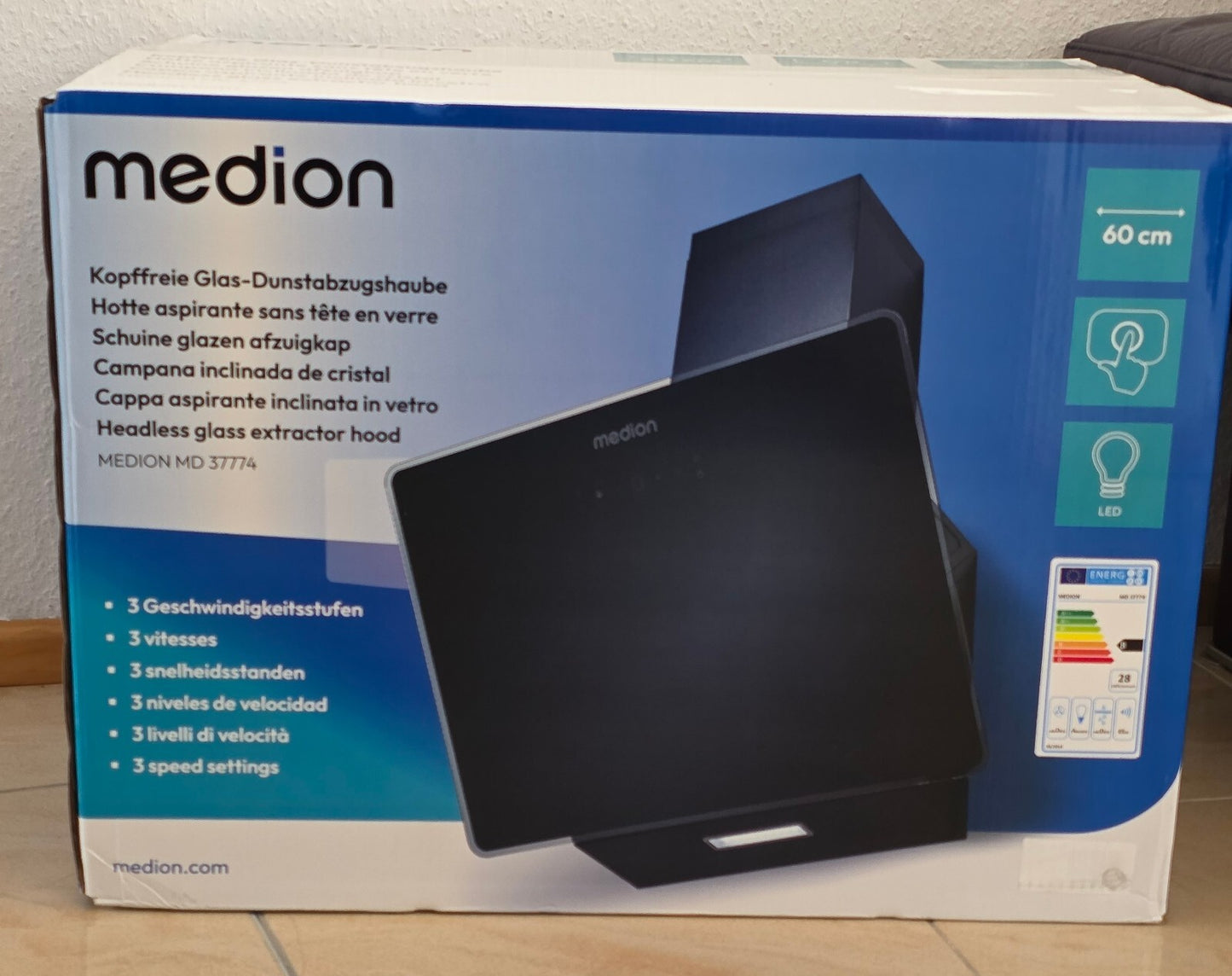 MEDION Kopffreie Dunstabzugshaube 60cm Glas 320m³/h Touch LED Schwarz