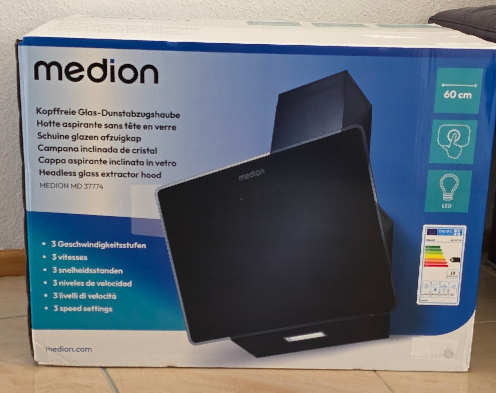 MEDION Kopffreie Dunstabzugshaube 60cm Glas 320m³/h Touch LED Schwarz