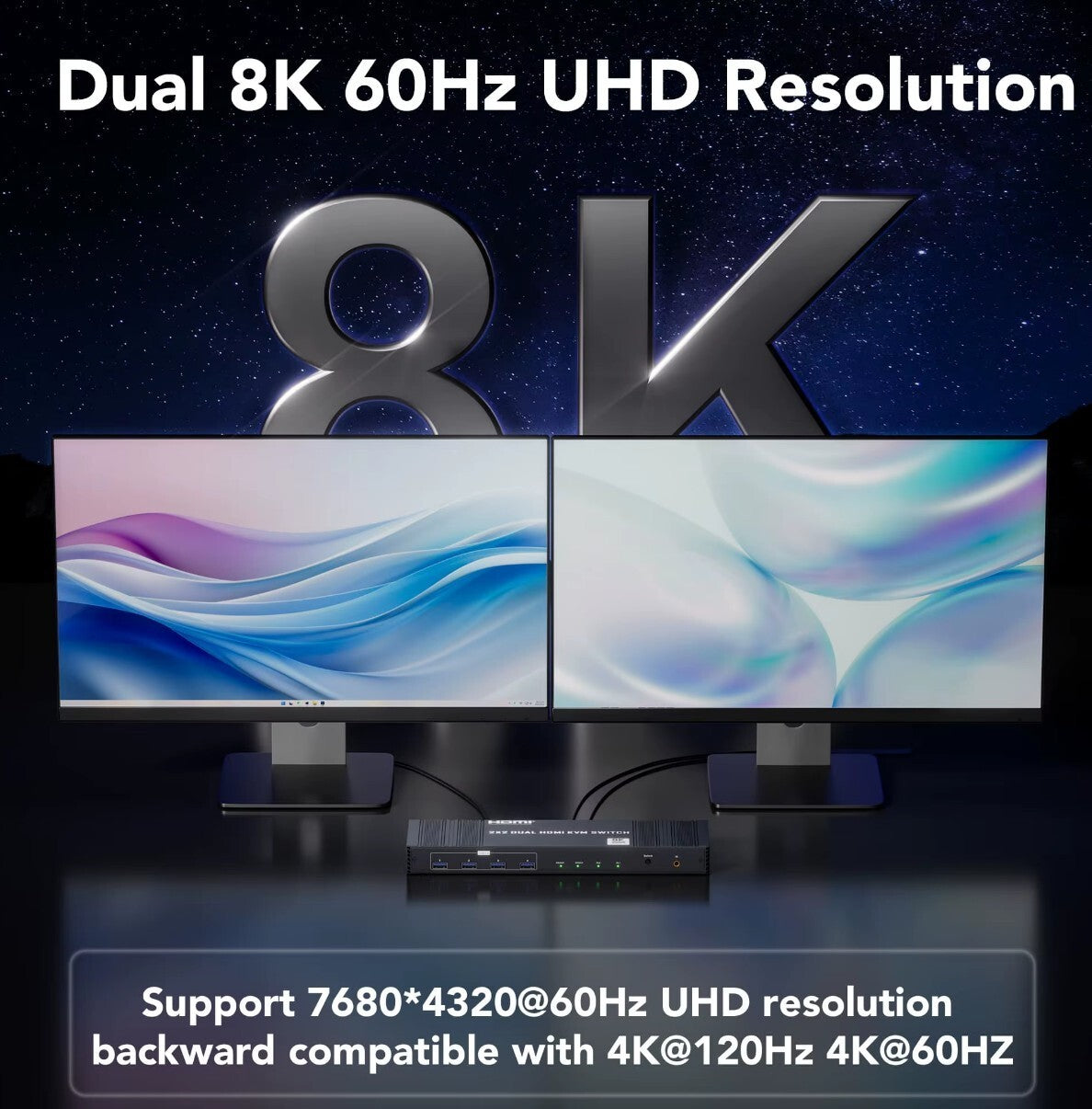 8K Dual HDMI KVM-Switch 8K@60Hz 4K@120/144Hz 1080P@165Hz 2 PC 2 Monitore USB 3.0