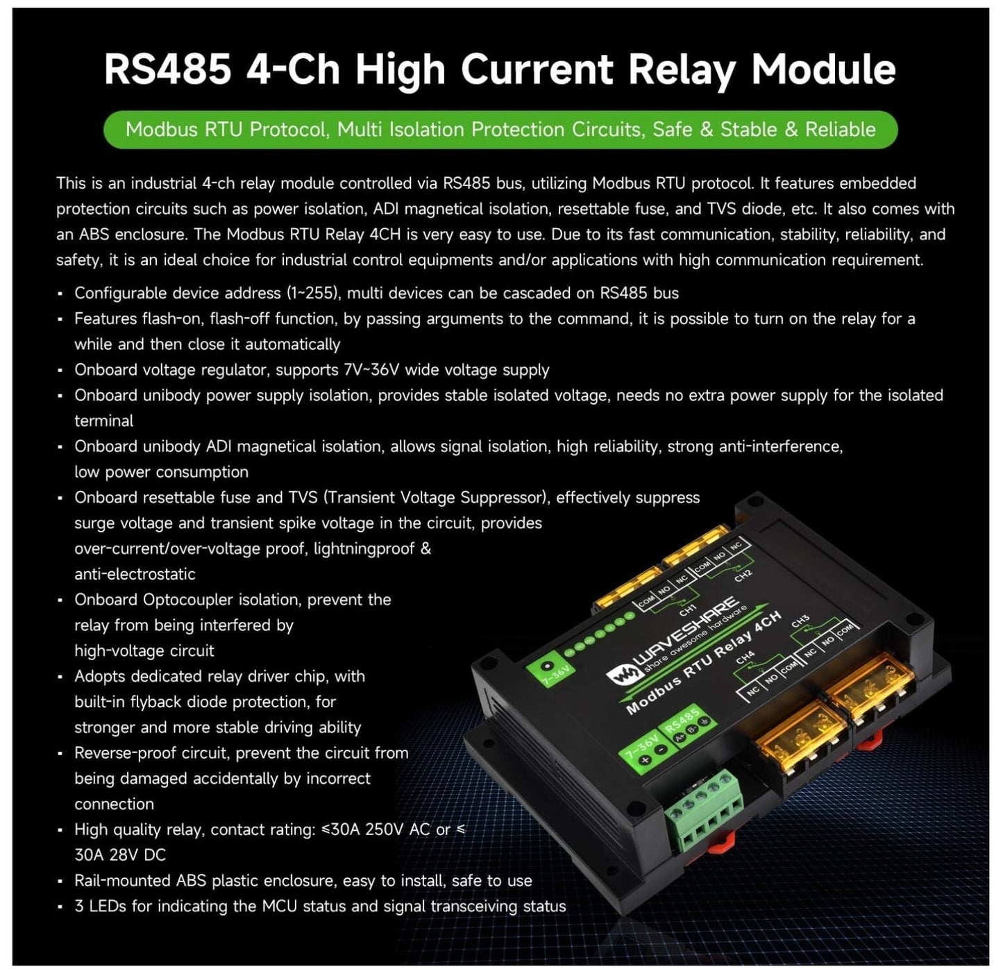 Modbus RTU 4-Ch Relay 30A RS485 Rail-Mount LED Isolation