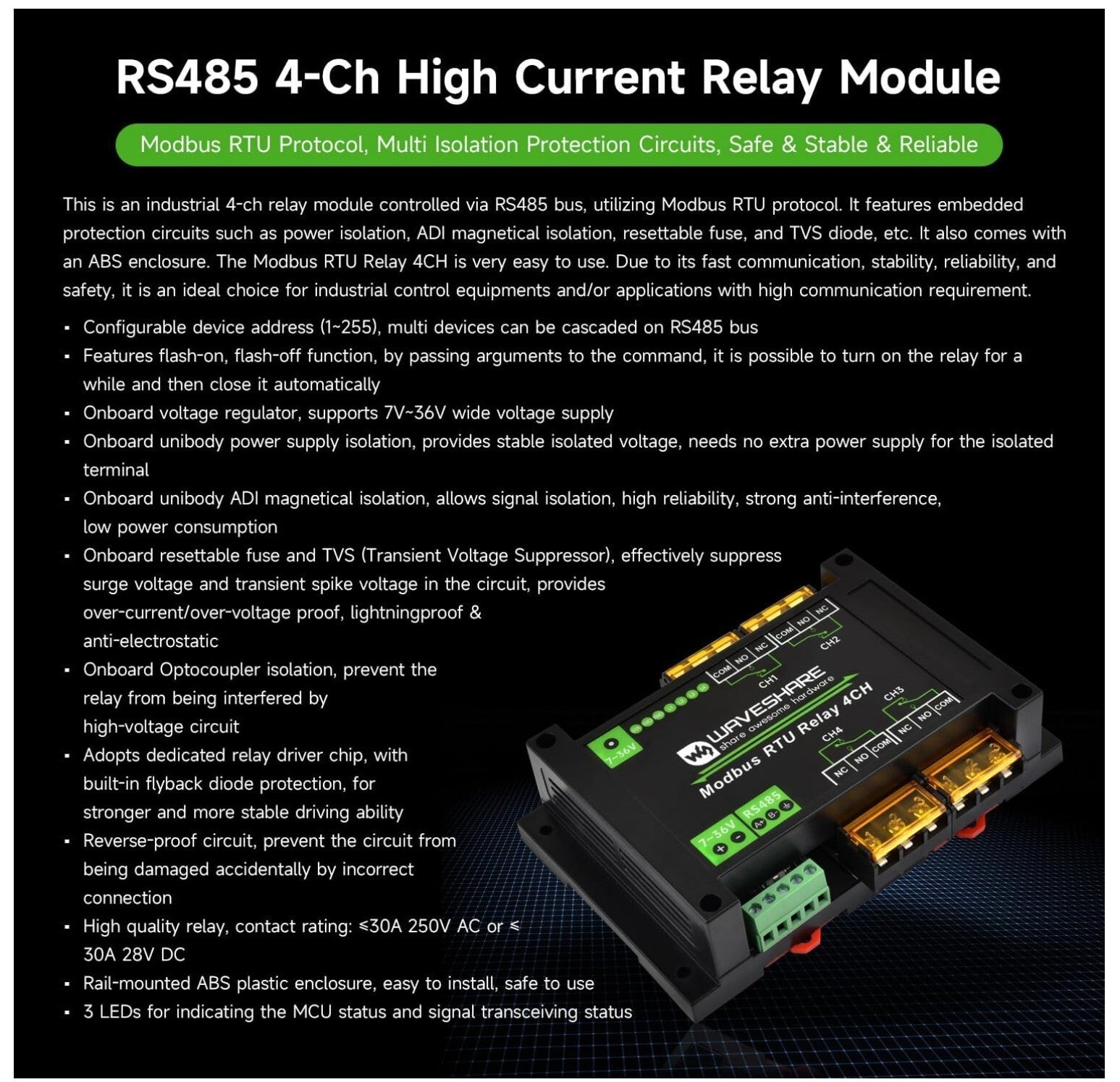 Modbus RTU 4-Ch Relay 30A RS485 Rail-Mount LED Isolation
