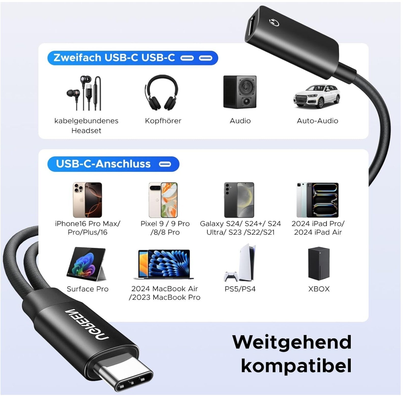 UGREEN Magnetischer USB-C Kopfhörer Adapter 60W Schnellladung iPhone 16 Samsung