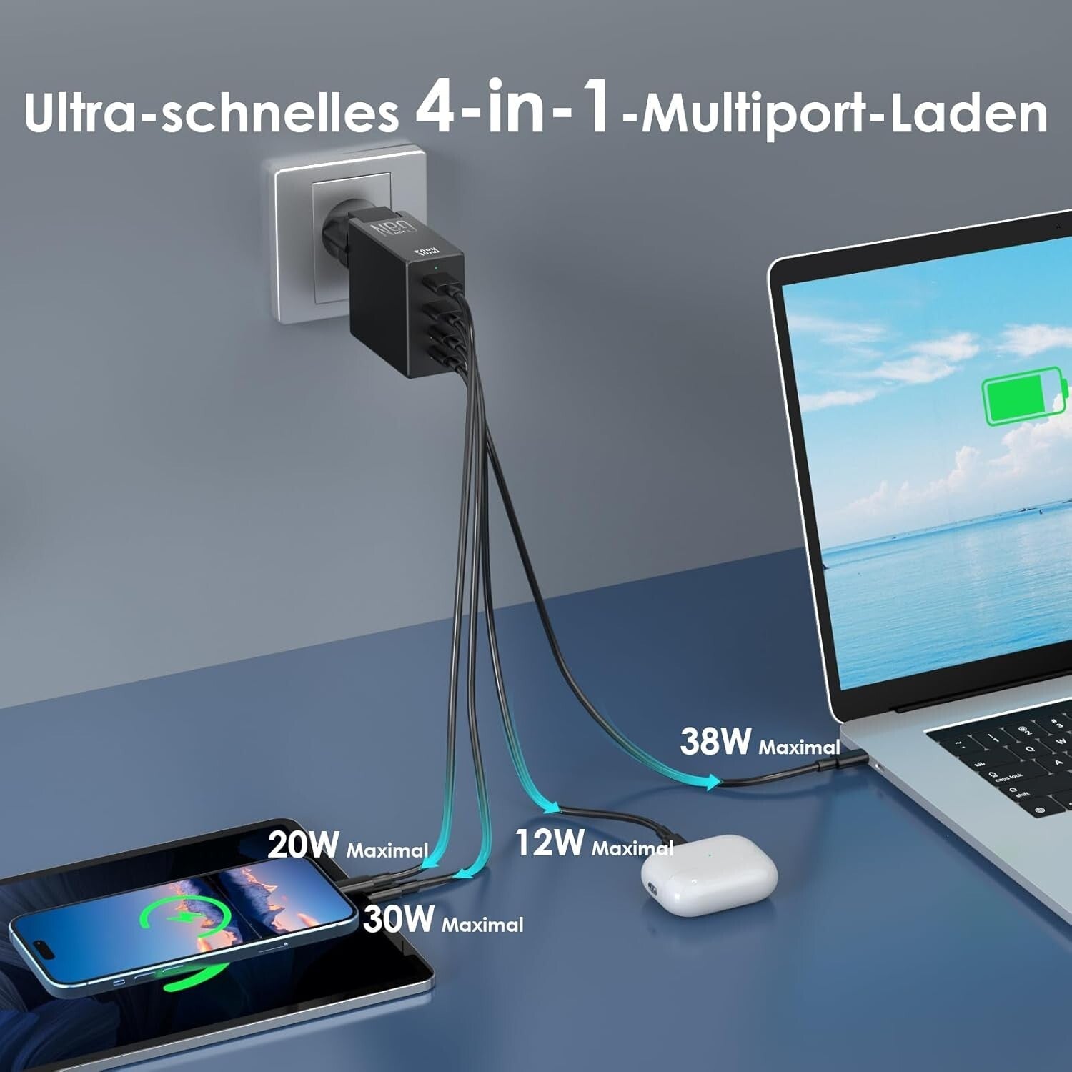 100W USB-C GaN Ladegerät 4-Port Schnellladegerät Schwarz