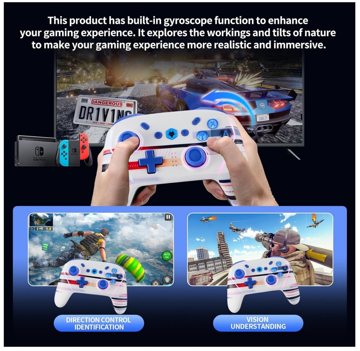 Wireless Controller für Nintendo Switch/Lite/OLED, AC, 8K@60Hz, Turbo, Wake