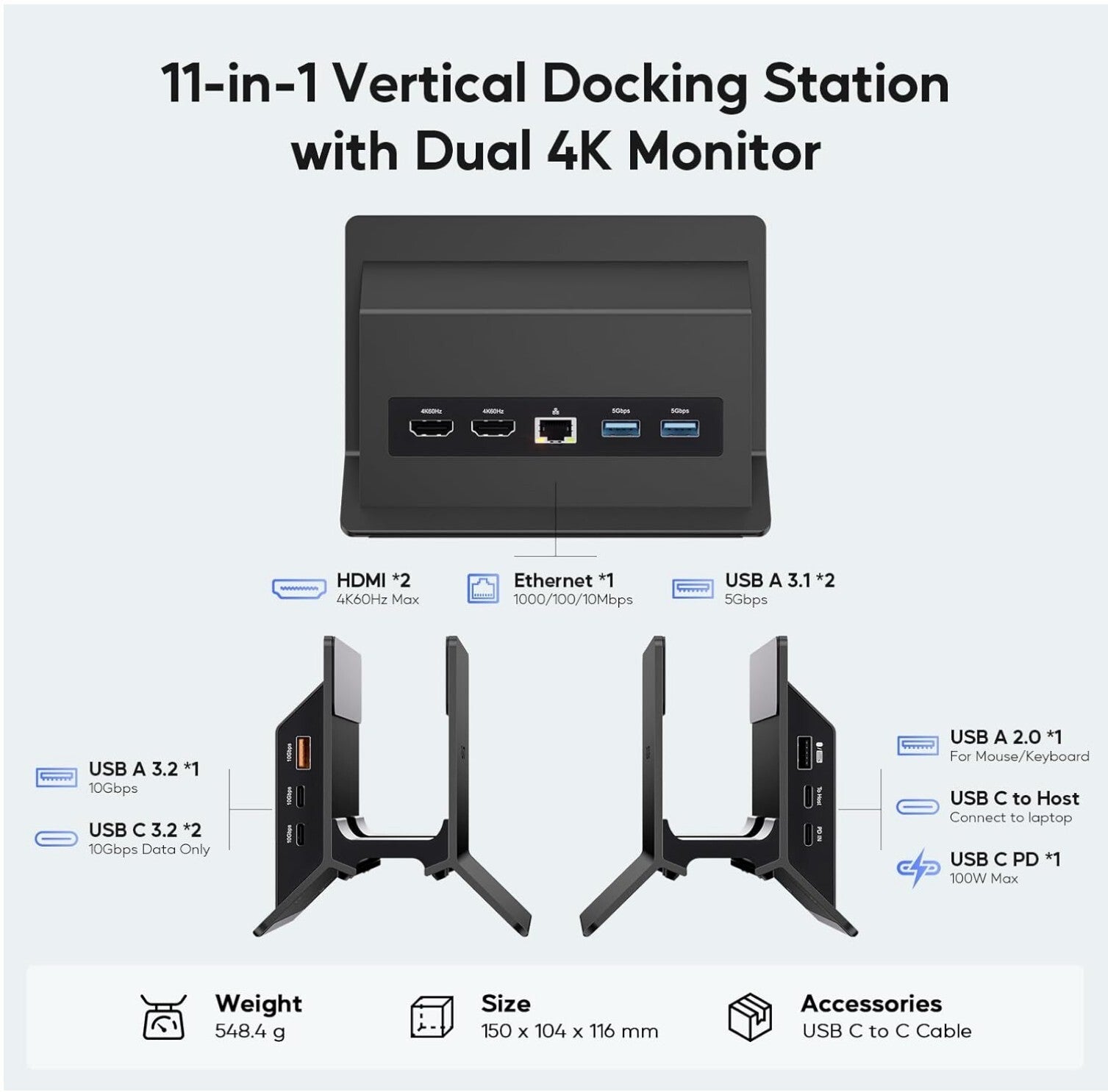 USB-C Docking Station Dual 4K@60Hz HDMI, 11in1, PD 100W, Ethernet