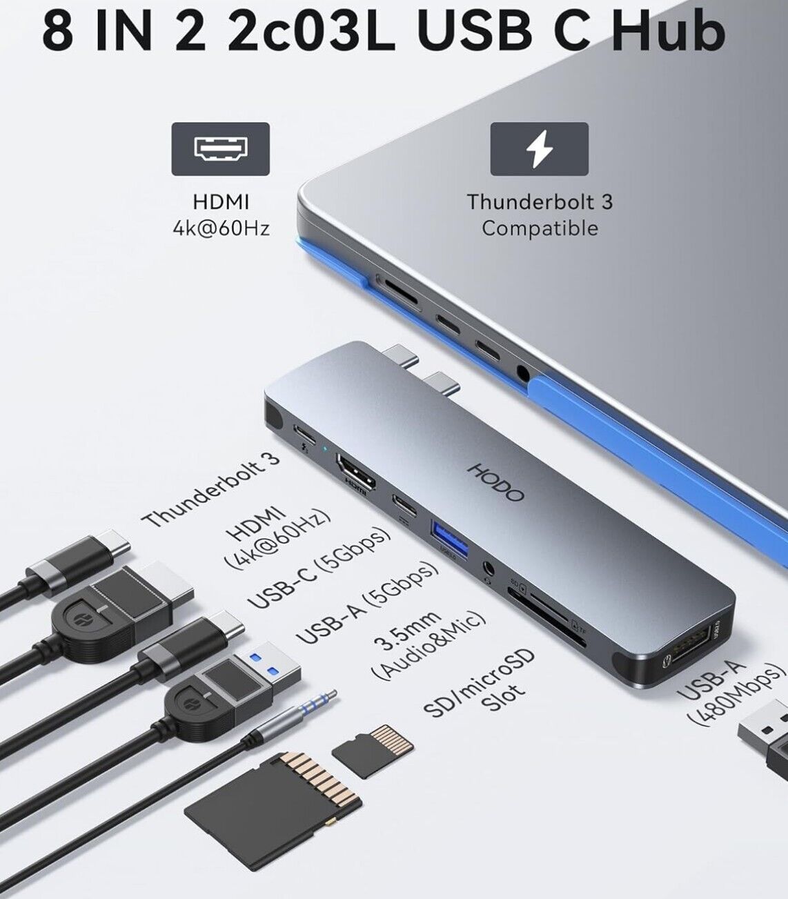 USB C Hub MacBook, 8in2, 4K 60Hz HDMI, Thunderbolt 3