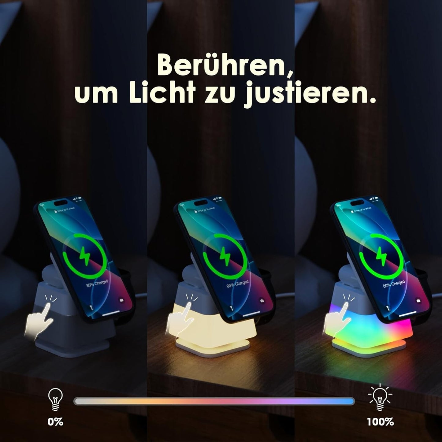 Kabelloses Ladegerät 15W RGB-Licht für iPhone/Watch/Pods