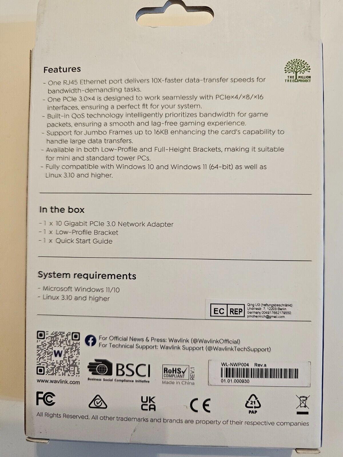 WAVLINK 10G Base-T PCIe Netzwerkkarte, 10000/5000/2500Mbps PCI Express Ethernet