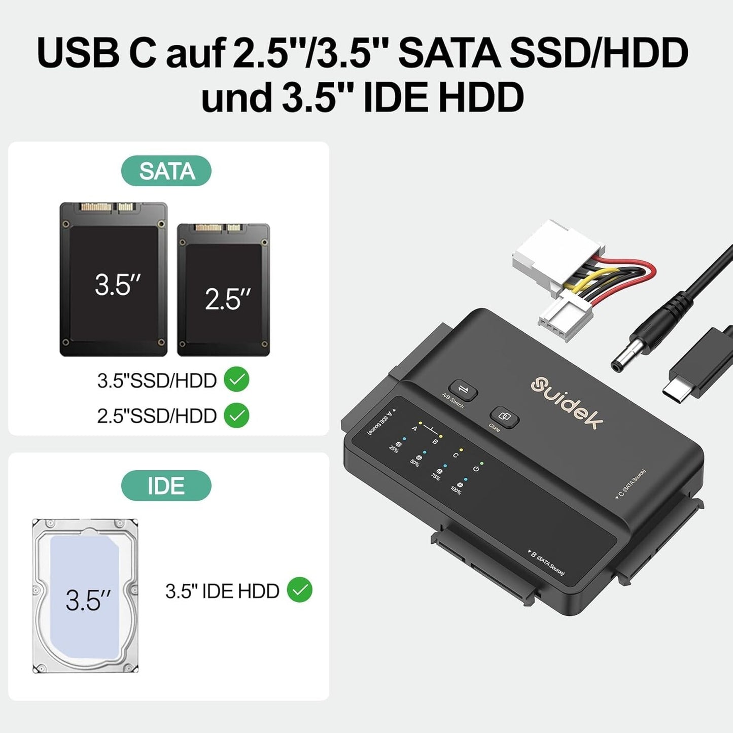 USB 3.0 IDE/SATA Adapter 5Gbps Offline-Klon 2,5"/3,5" HDD/SSD