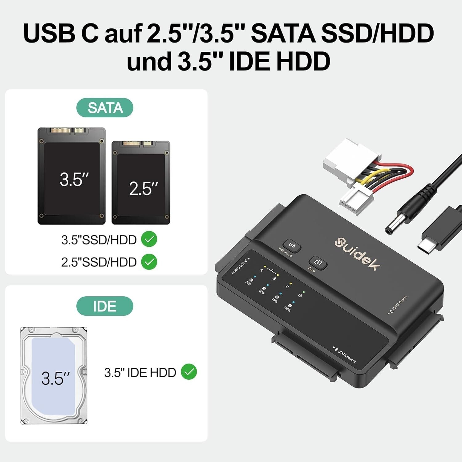USB 3.0 IDE/SATA Adapter 5Gbps Offline-Klon 2,5"/3,5" HDD/SSD