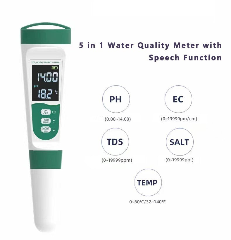 5-in-1 pH TDS EC Salzgehalt Temperatur Wassertester mit Stimme