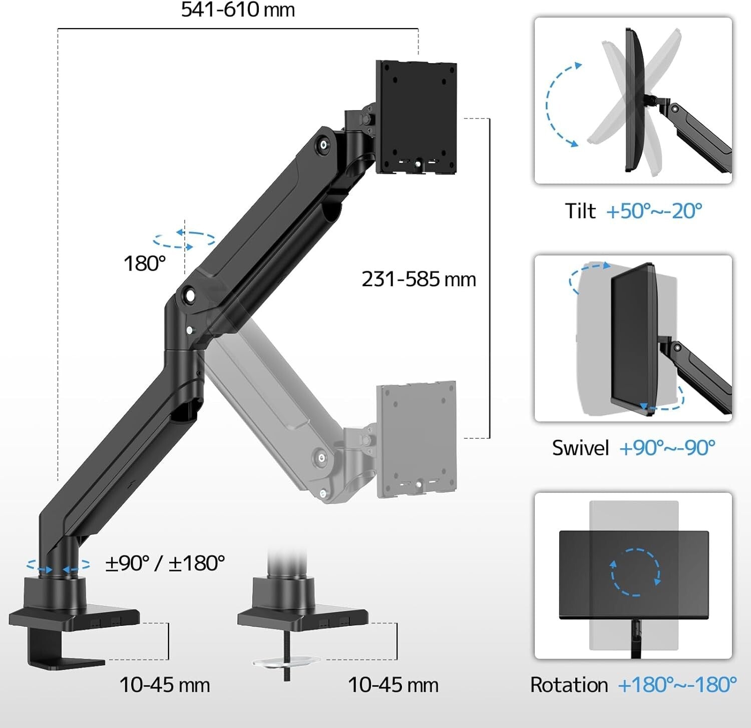 Monitor Halterung 17-49 Zoll 20kg Aluminium Gasfeder VESA 75/100 Schwarz