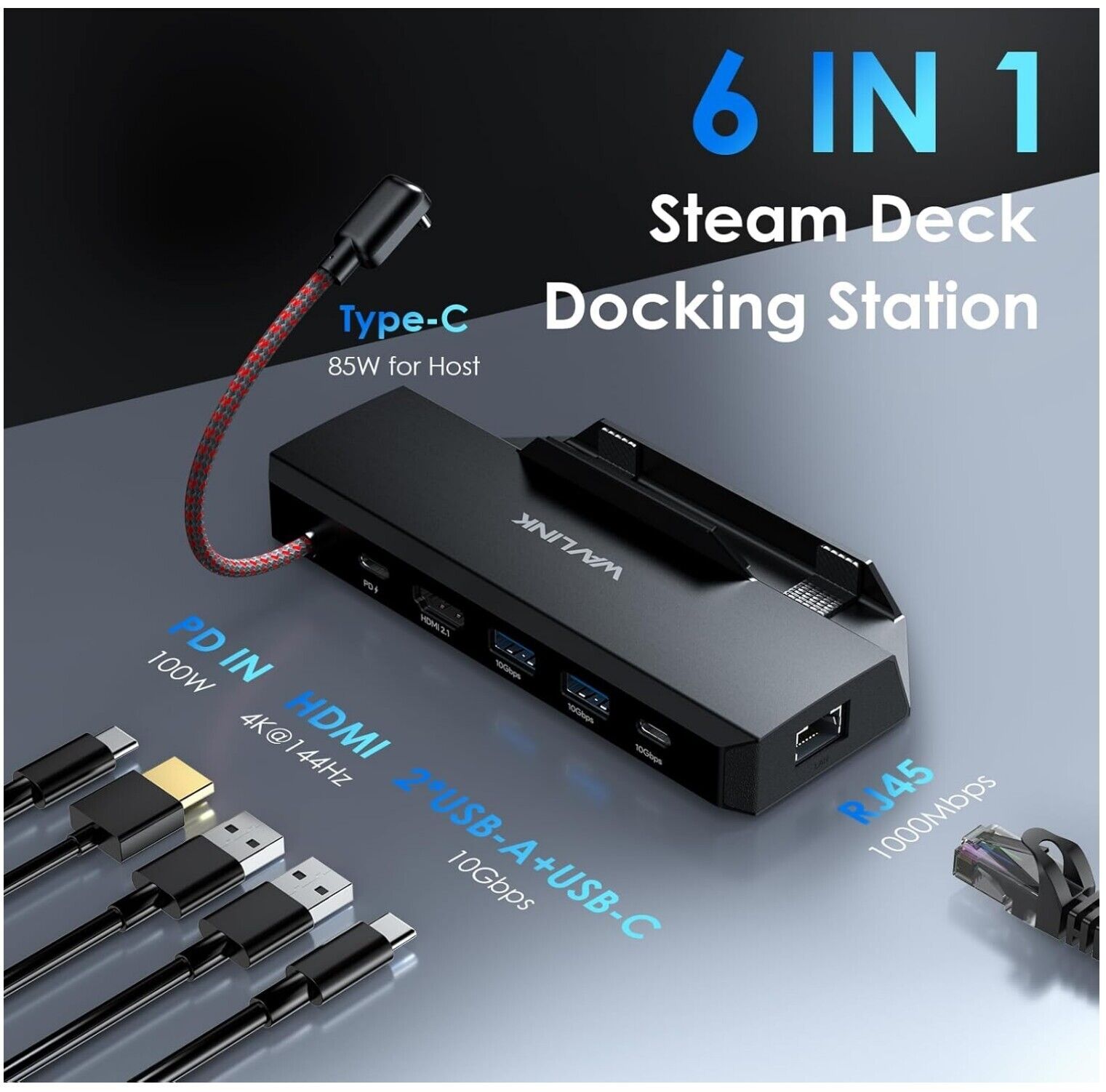 6-IN-1 Steam Deck Dock 4K@144Hz HDMI, 100W PD, USB 3.2