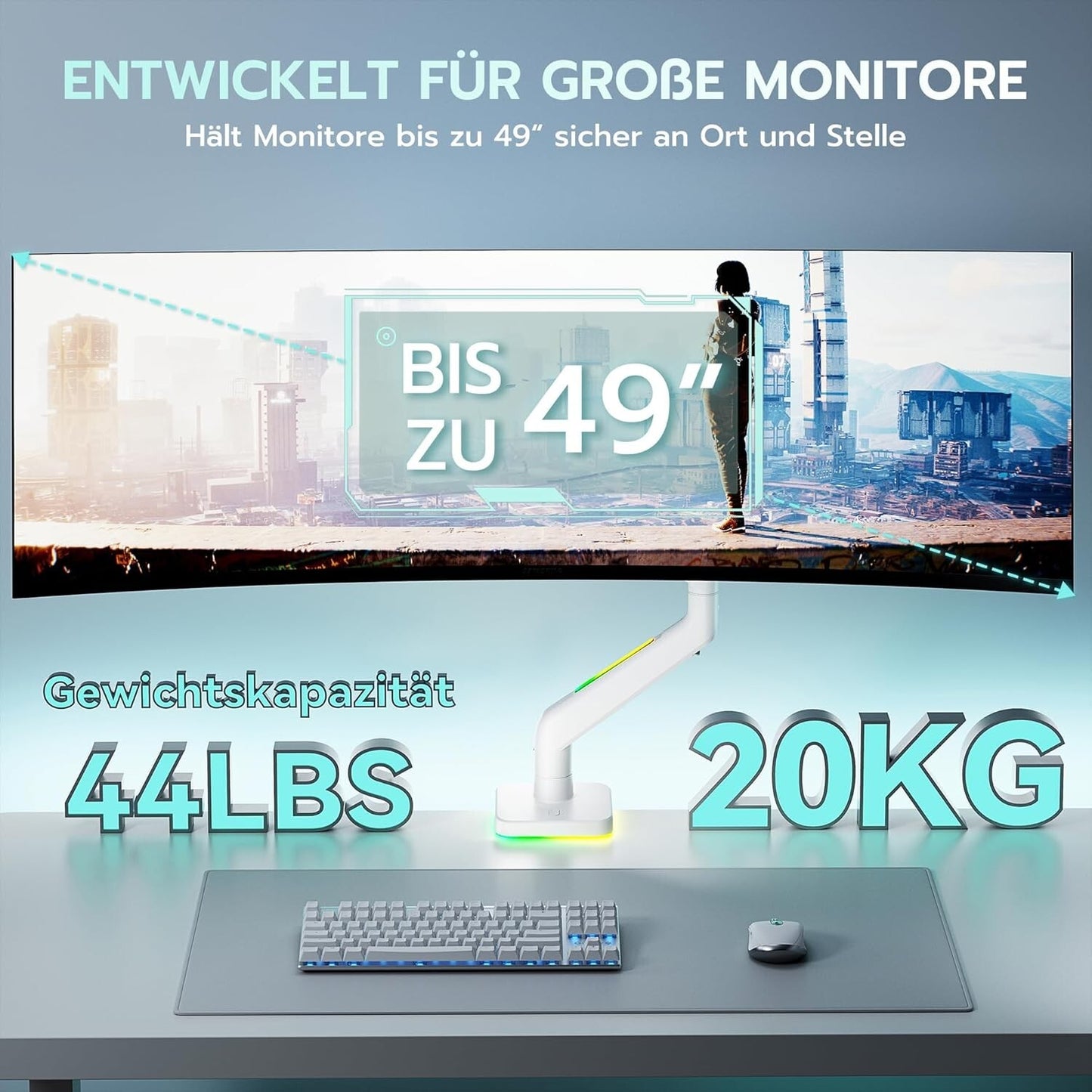 Ergonomische RGB Monitor Halterung Weiß 17-49 Zoll VESA 75/100 20kg