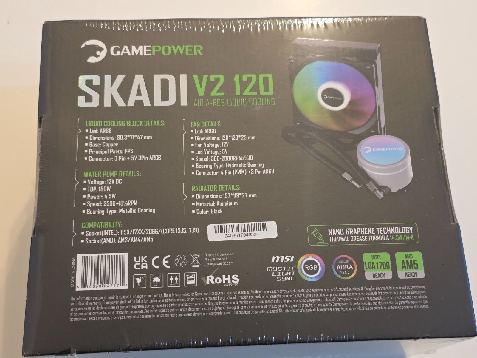 Skadi V2 120 Wasserkühlung, 120mm AIO, Flüssigkeitskühler, ARGB, 1x Hydraulisch