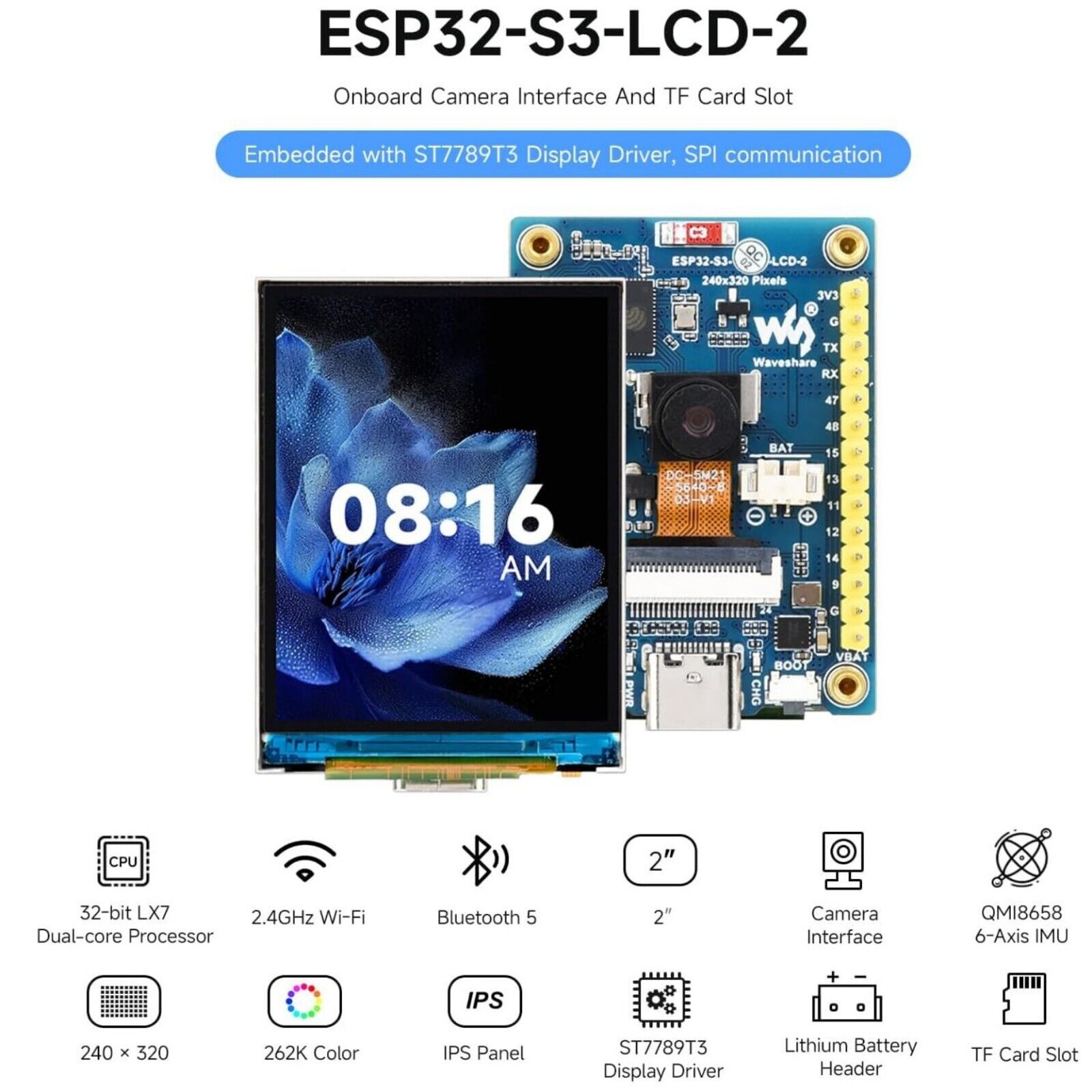 ESP32-S3 2inch Display Board mit OV5640 5MP Kamera, WiFi & BT