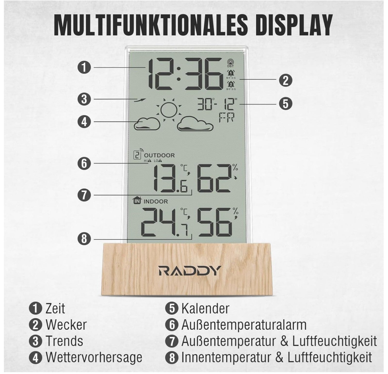 Funk-Wetterstation mit Außensensor 5.5” LCD Wettervorhersage