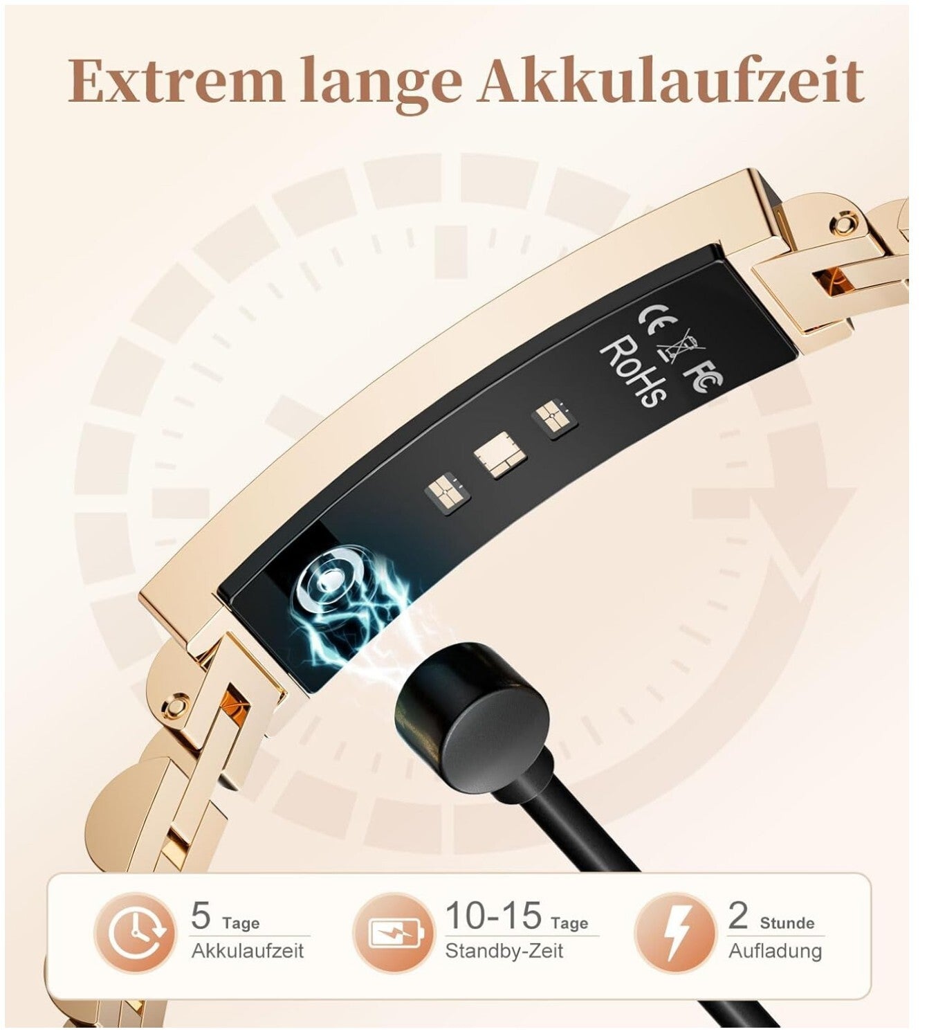 Smart Armband Damen Edelstahl 3ATM Wasserdicht Schwarz-Gold Fitness