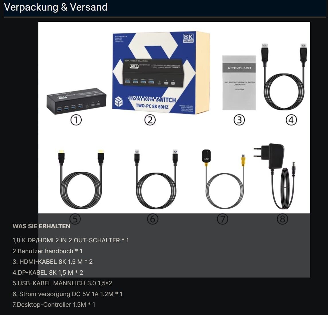 8K DP / HDMI KVM 2PC 2 Monitor 8K@60Hz 4K@120Hz 2K@144Hz + Kabel