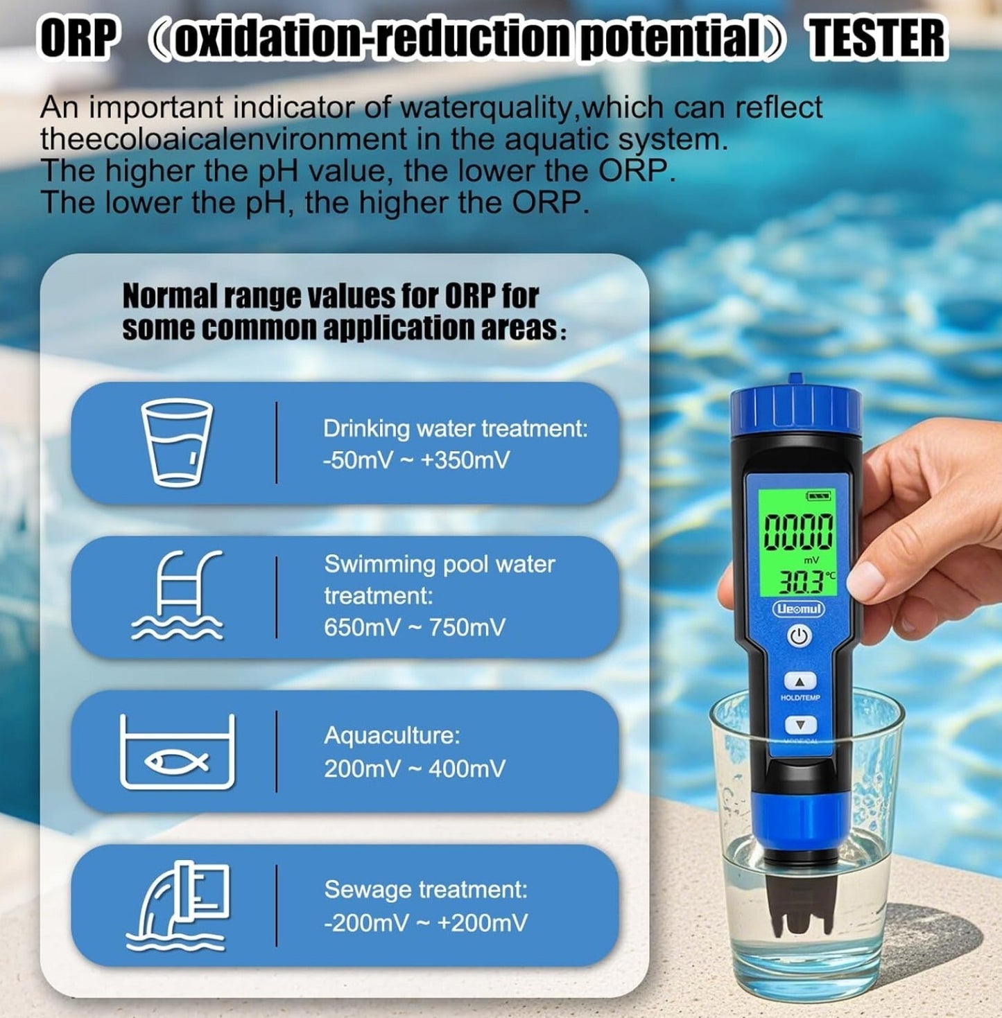7-in-1 pH Messgerät TDS EC Salz ORP S.G Temp für Pool Aquarium