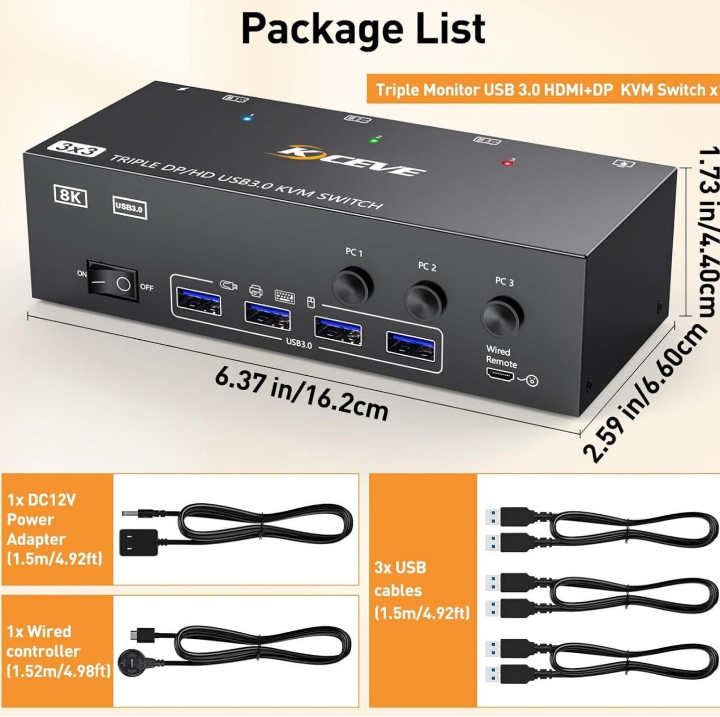 KVM Switch 3 PC 3 Monitore 4K@60Hz DP HDMI USB 3.0