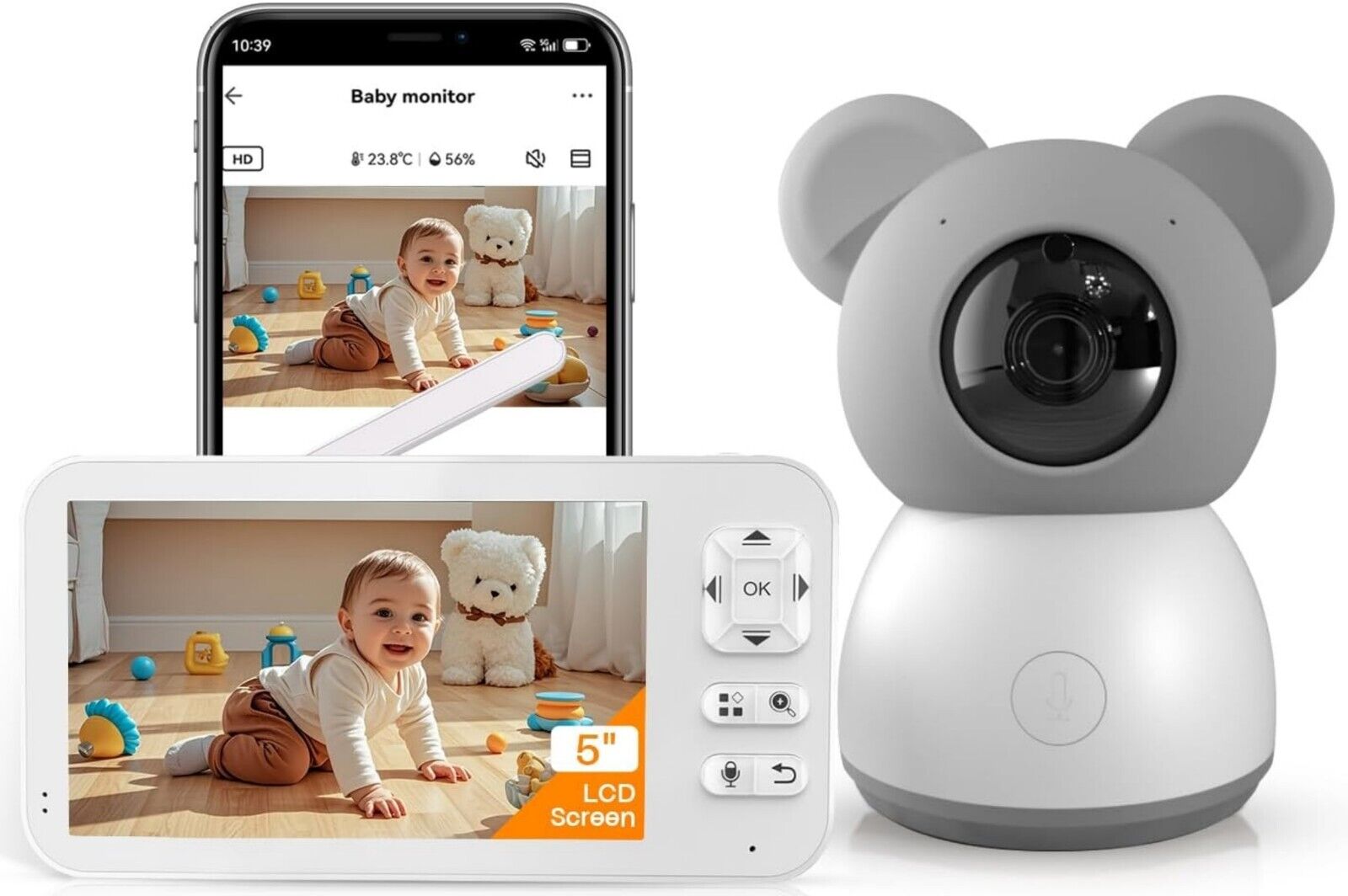 5" Babyphone 2K/3MP WLAN PTZ 355° 4X Zoom Nachtsicht