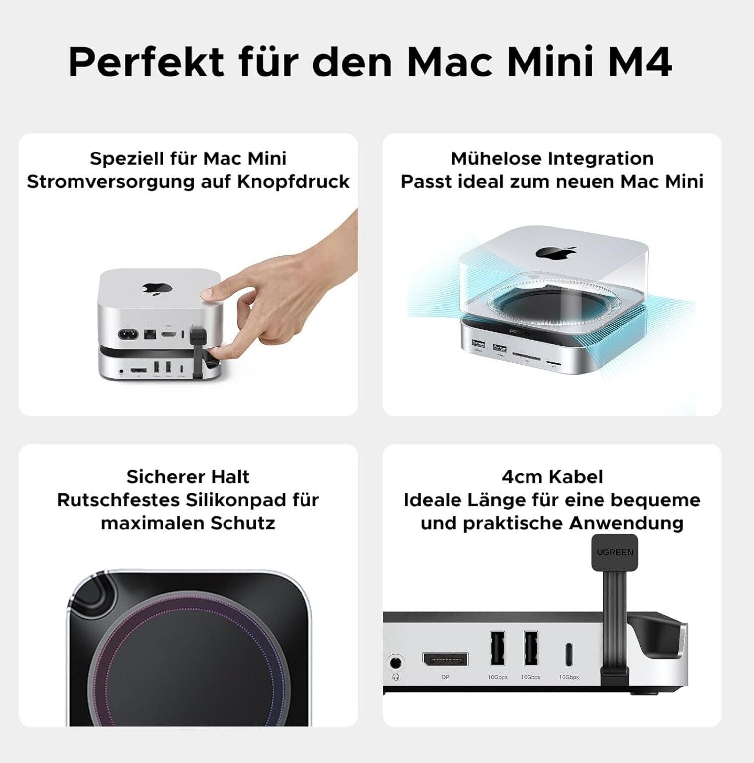 Mac Mini M4 Dock 4K DisplayPort, 10Gbps USB, M.2 SSD, SD/TF grau