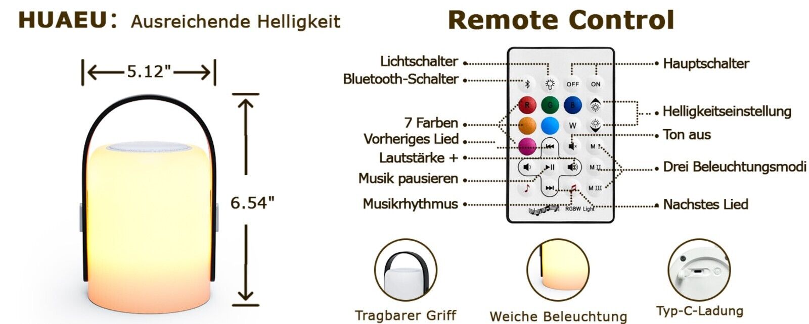 LED Akku Tischleuchte Kabellos mit Bluetooth Lautsprecher, RGB Farbwechsel, Dimm