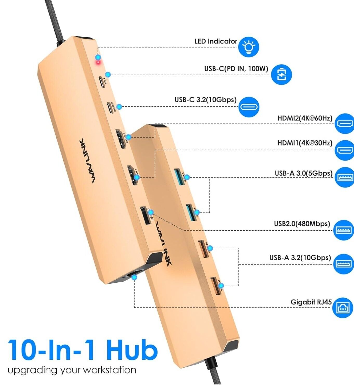 WAVLINK Laptop-Dockingstation, 10 G, USB-C-Hub, mit Dual-HDMI, 100 W PD-In, 10 G