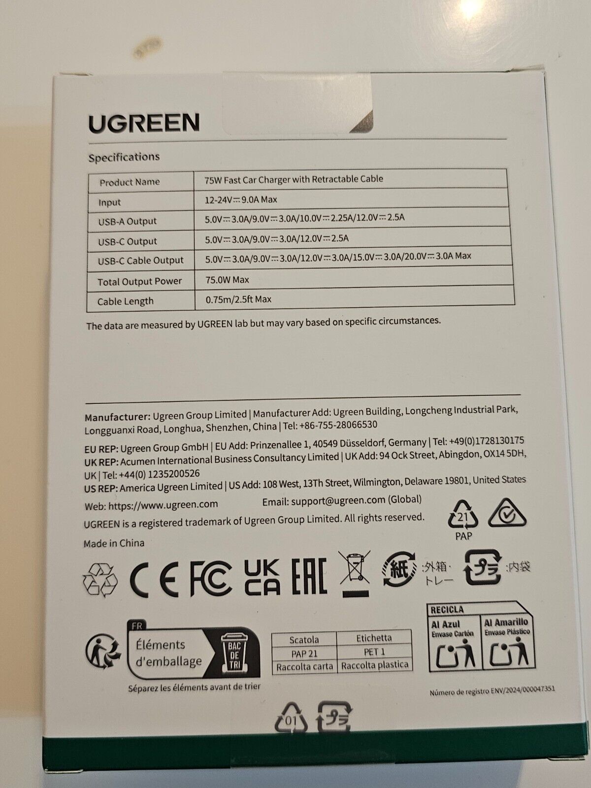 UGREEN Einziehbares Auto Ladegerät 75W Zigarettenanzünder USB C kompaktes KFZ La