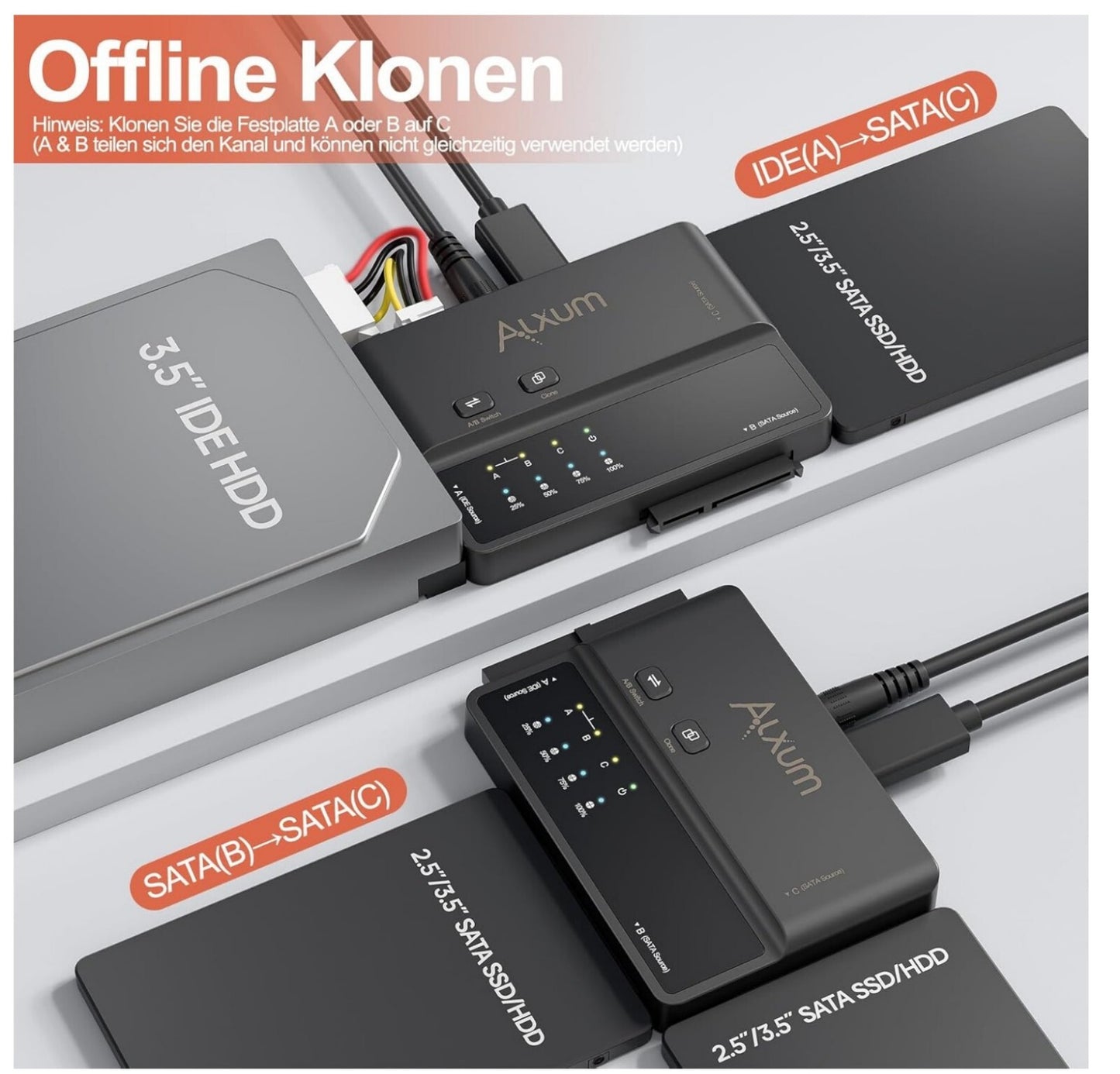 IIDE/SATA Adapter USB-C 5Gbps mit Offline-Klon, für 2.5"/3.5" HDD/SSD