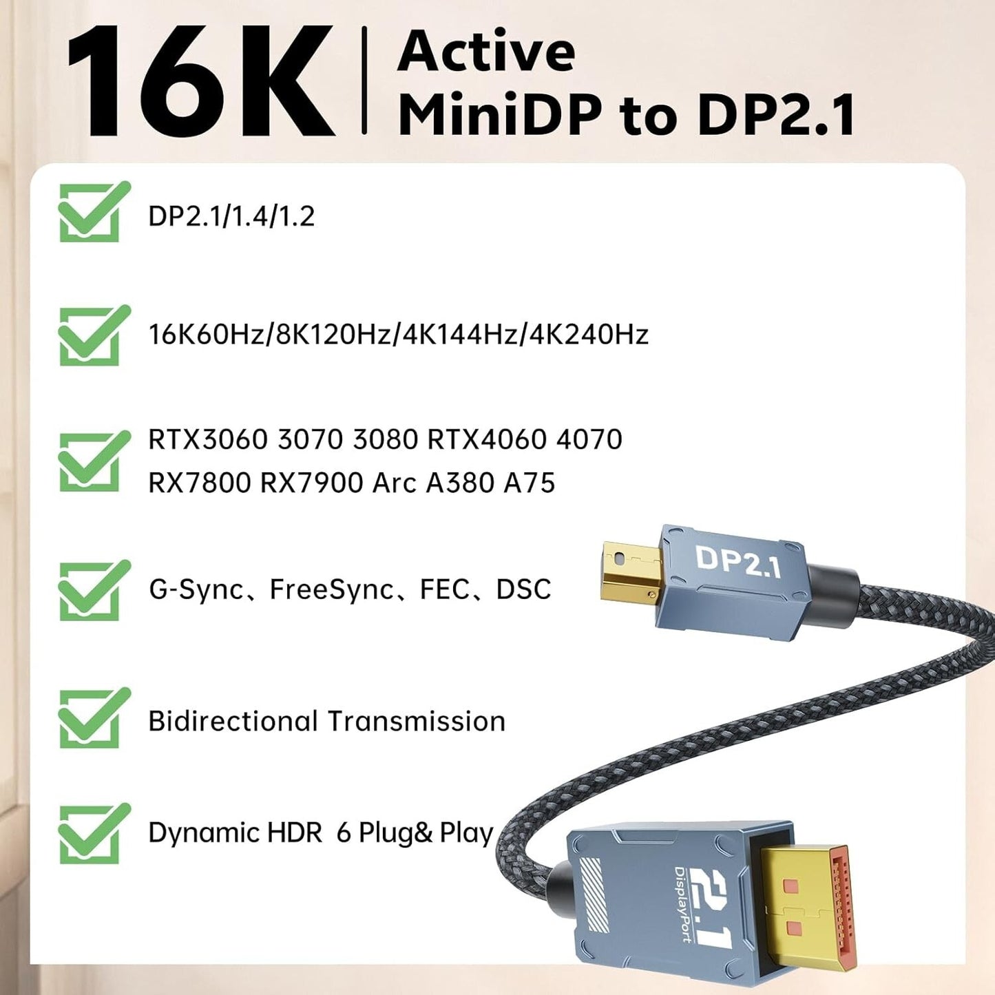 16K Mini DisplayPort zu DisplayPort 2.1 Kabel 1m 80Gbps 4K@240Hz
