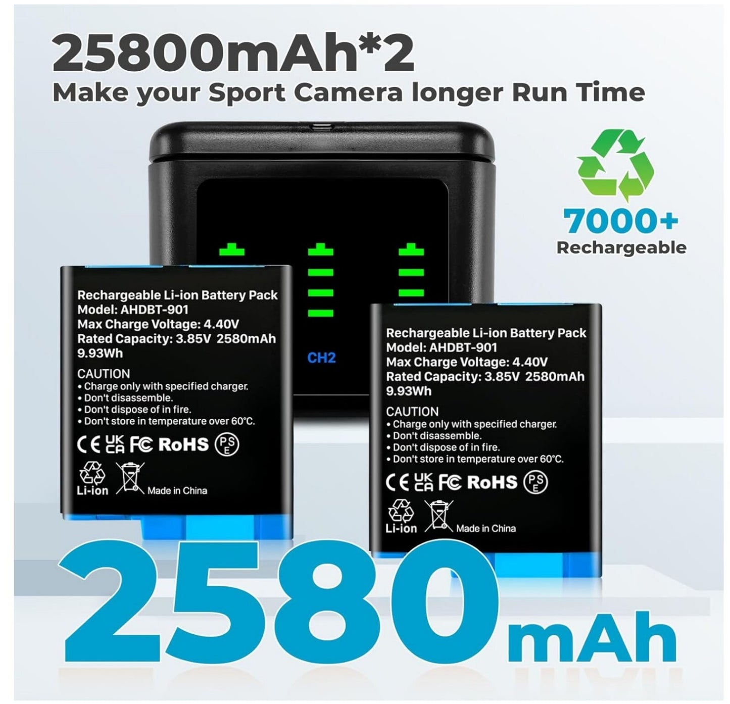 2x 2580mAh Hero 12 Akku + 3-Kanal LED Ladegerät für GoPro Hero 12/11/10/9