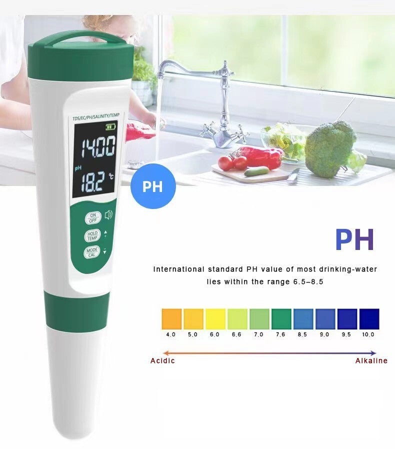 5-in-1 pH TDS EC Salzgehalt Temperatur Wassertester mit Stimme