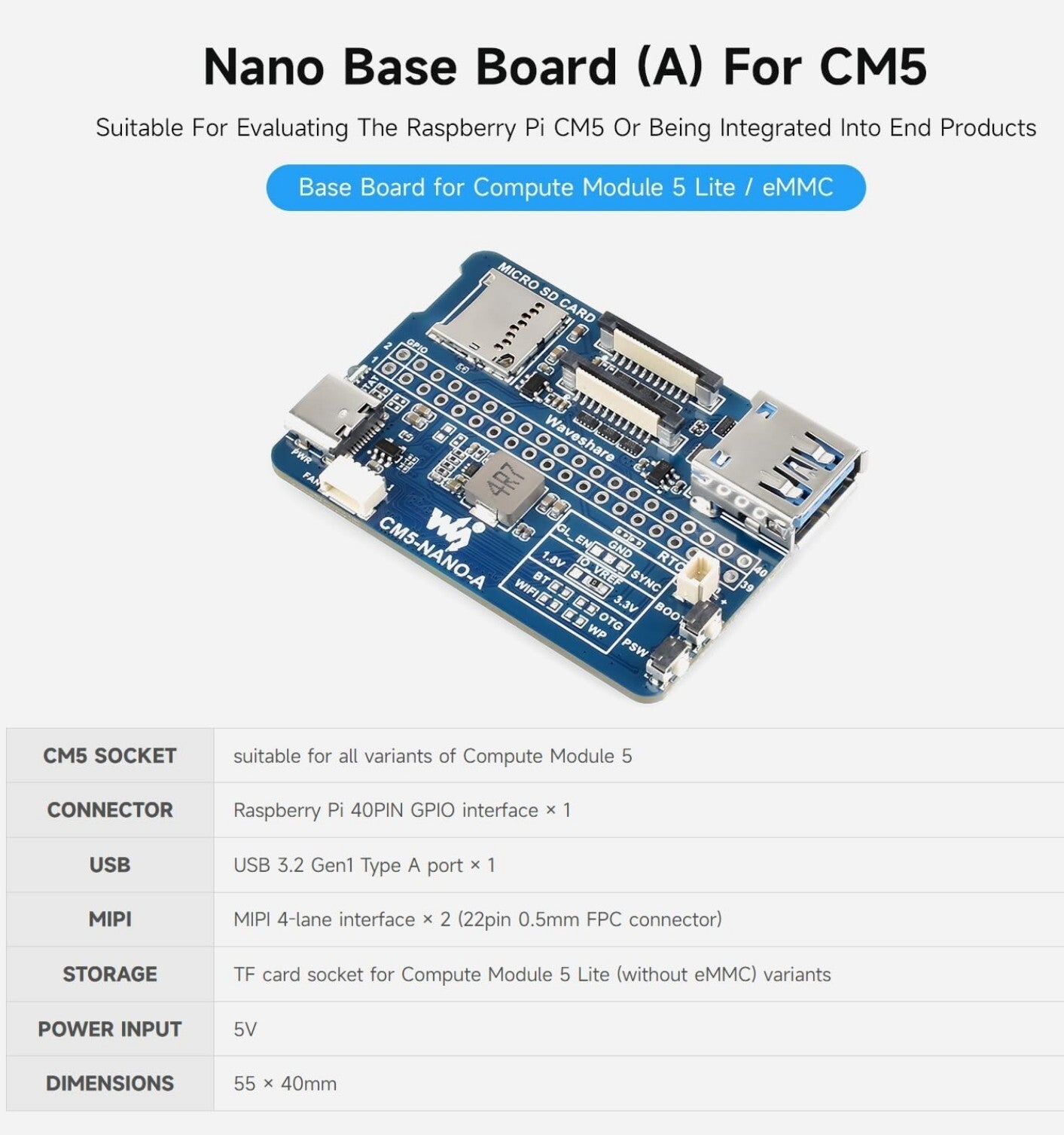 Nano Base Board (A) für Raspberry Pi CM5 – Kompakte Power!