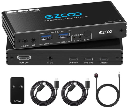 4K@120Hz USB-C KVM Switch HDMI 2.1 für 2 Laptops, PD100W, Fernbedienung