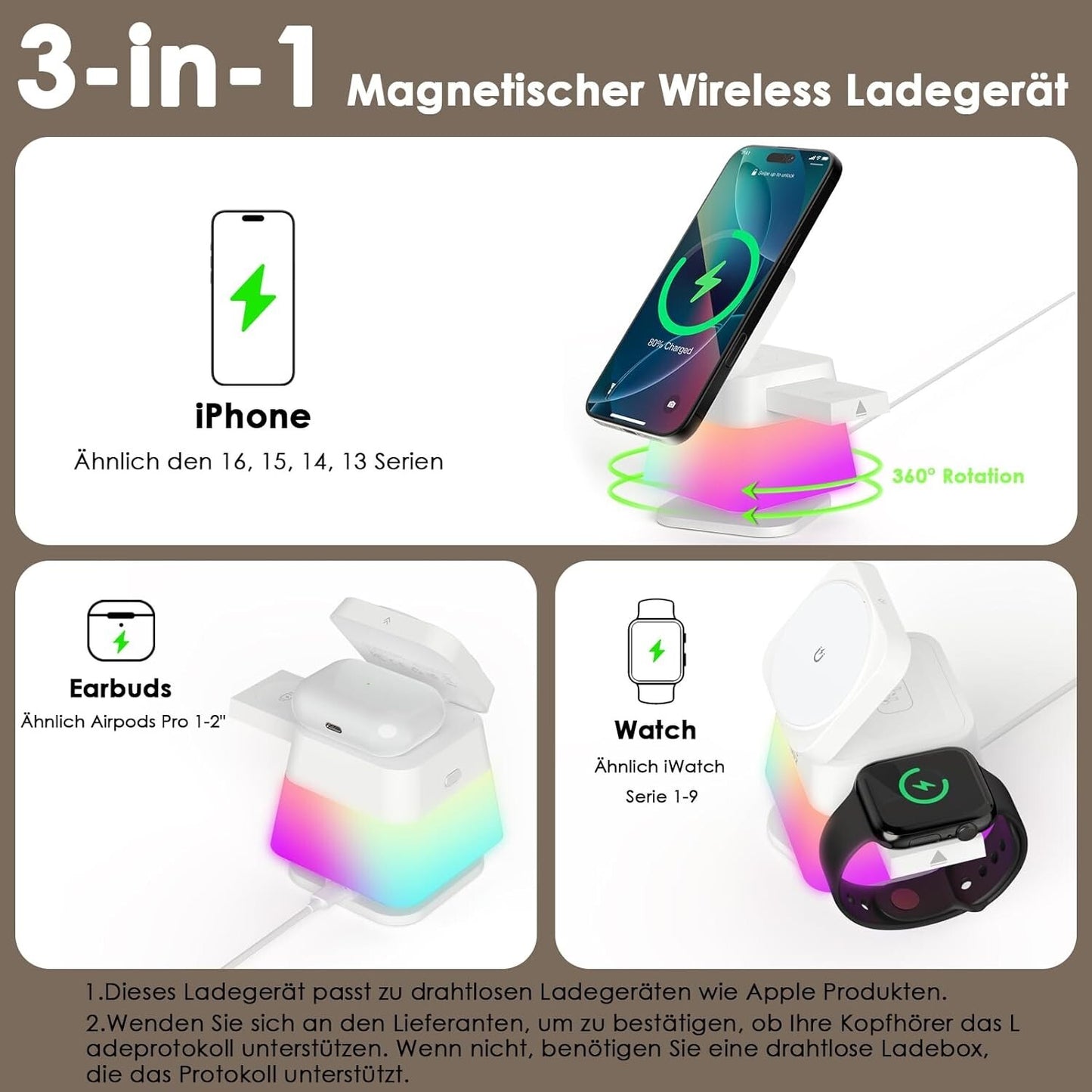 Kabelloses Ladegerät 15W RGB-Licht für iPhone/Watch/Pods