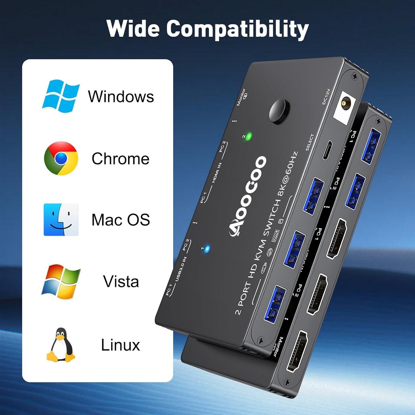 HDMI 2.1 KVM Switch 8K@60Hz USB 3.0 für 2 PC 1 Monitor mit Kabelfernbedienung